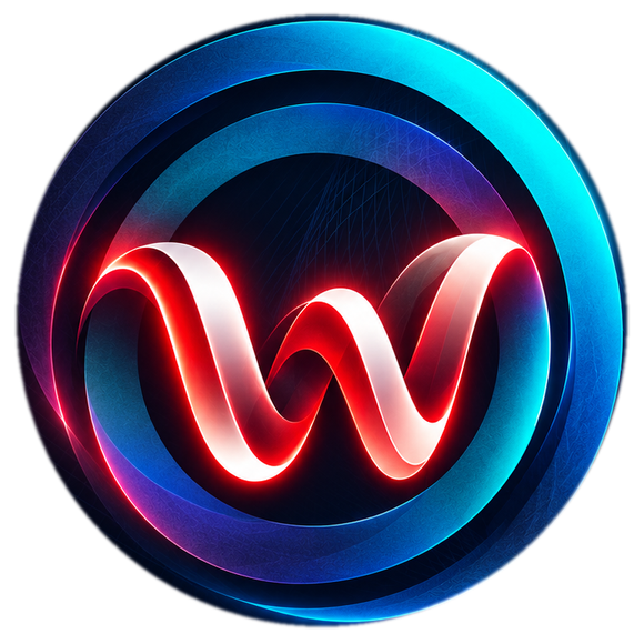 Waibees red and white 3D wave W inside blue purple and cyan rings
